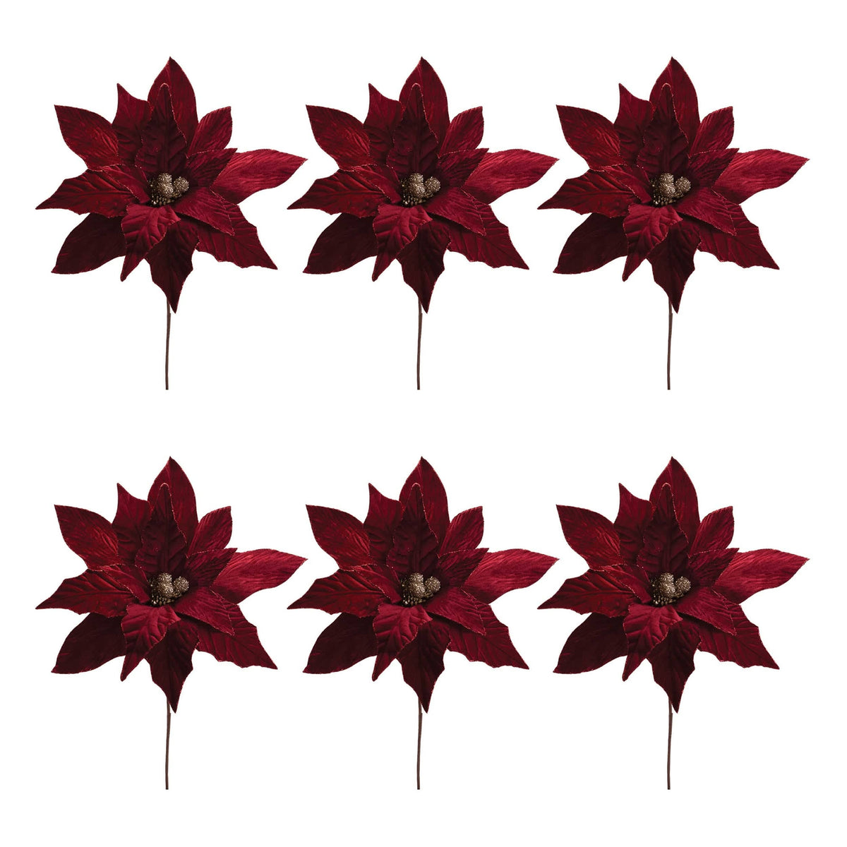 Set of six artificial poinsettia stems with deep red petals and gold glittered centers