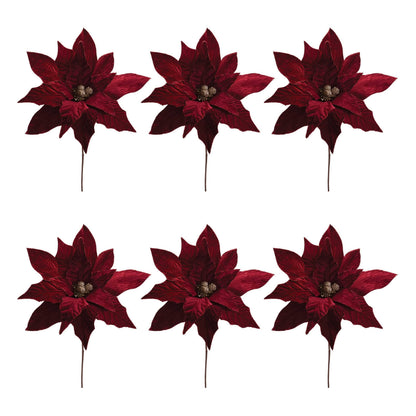 Set of six artificial poinsettia stems with deep red petals and gold glittered centers