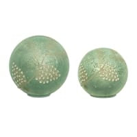 Two muted green ceramic globe orbs with raised pinecone dot pattern, large and small