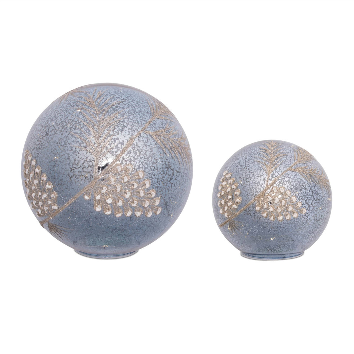Melrose blue glass LED globe spheres with gold glitter pine cone design, set of 2