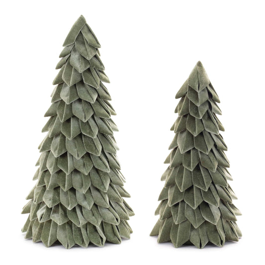 Set of two velvet-covered conical Christmas tree decorations with layered leaf texture, large and small