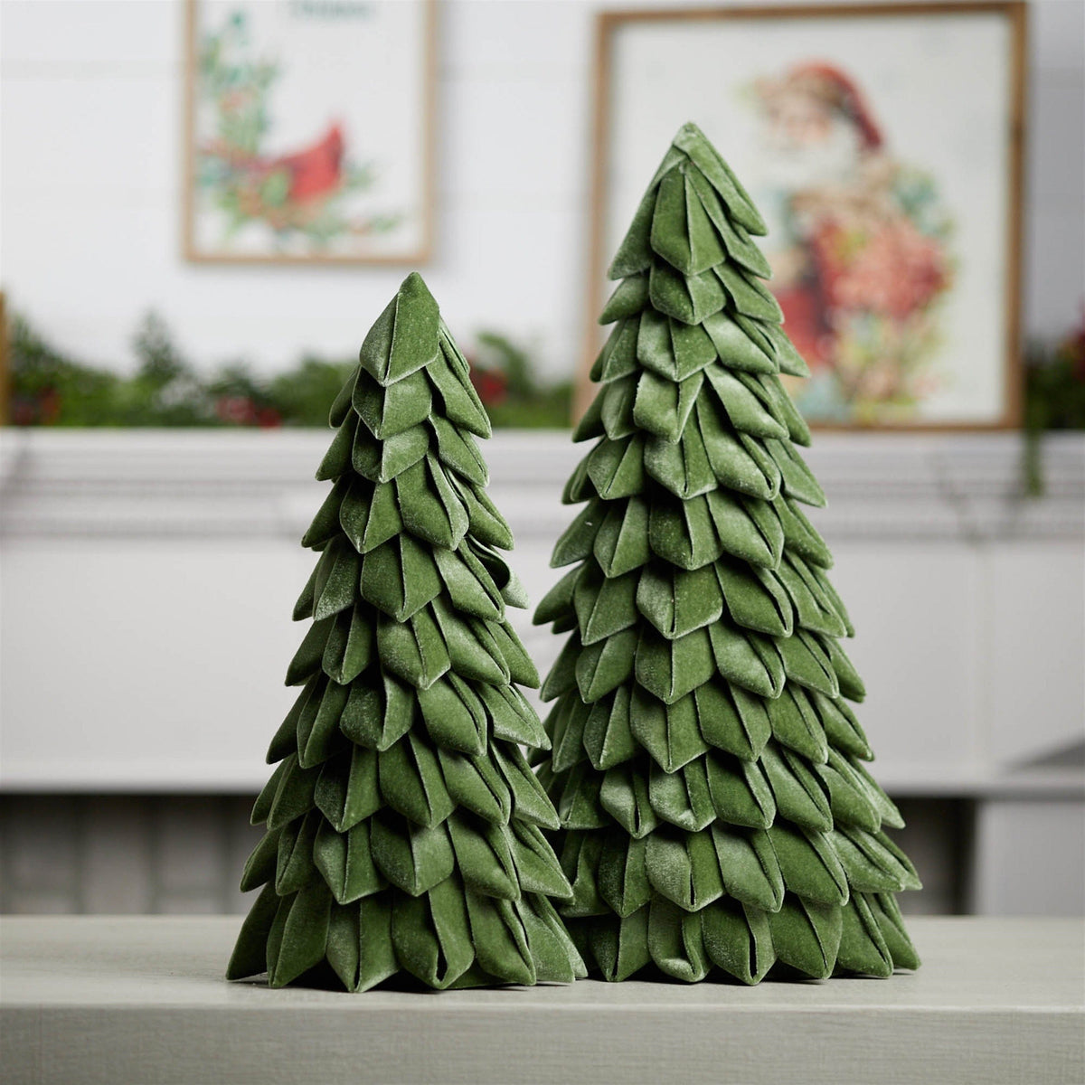 Two velvet fabric Christmas tree figurines in graduated sizes, layered petal design, tabletop display