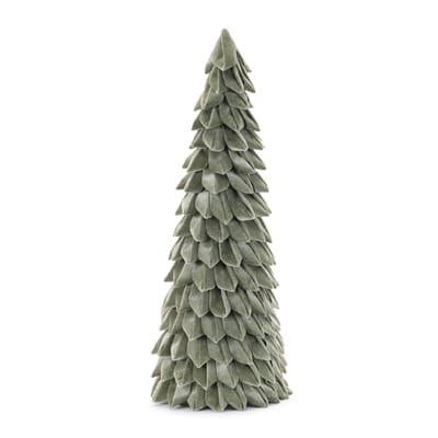 Sage green velvet Christmas tree figurine with layered leaf texture, 25.5 inches tall