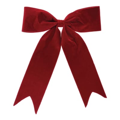 Large red velvet decorative bow ornament with long forked tails, 16 inches wide