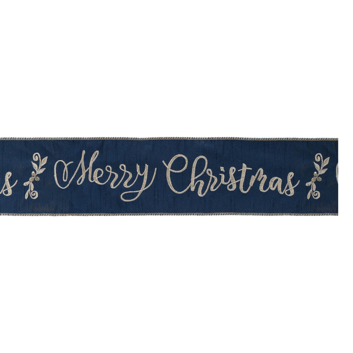 Navy blue wired ribbon with silver embroidered Merry Christmas script and holly motifs