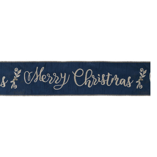 Navy blue wired ribbon with silver embroidered Merry Christmas script and holly motifs