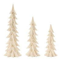 Set of three cream resin Christmas trees in small, medium, and large sizes