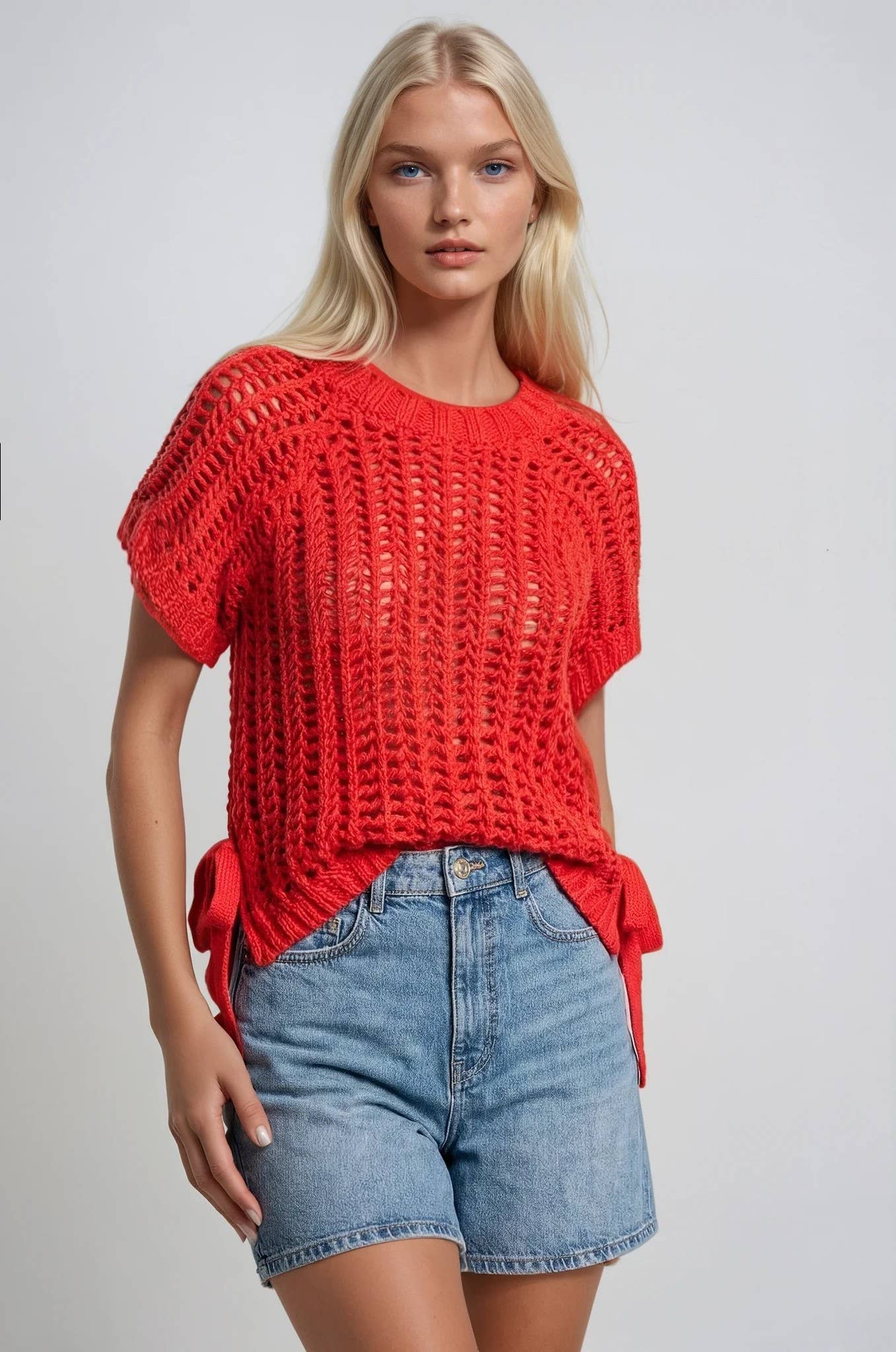 Red chunky open-knit crochet short-sleeve sweater top with side tie details
