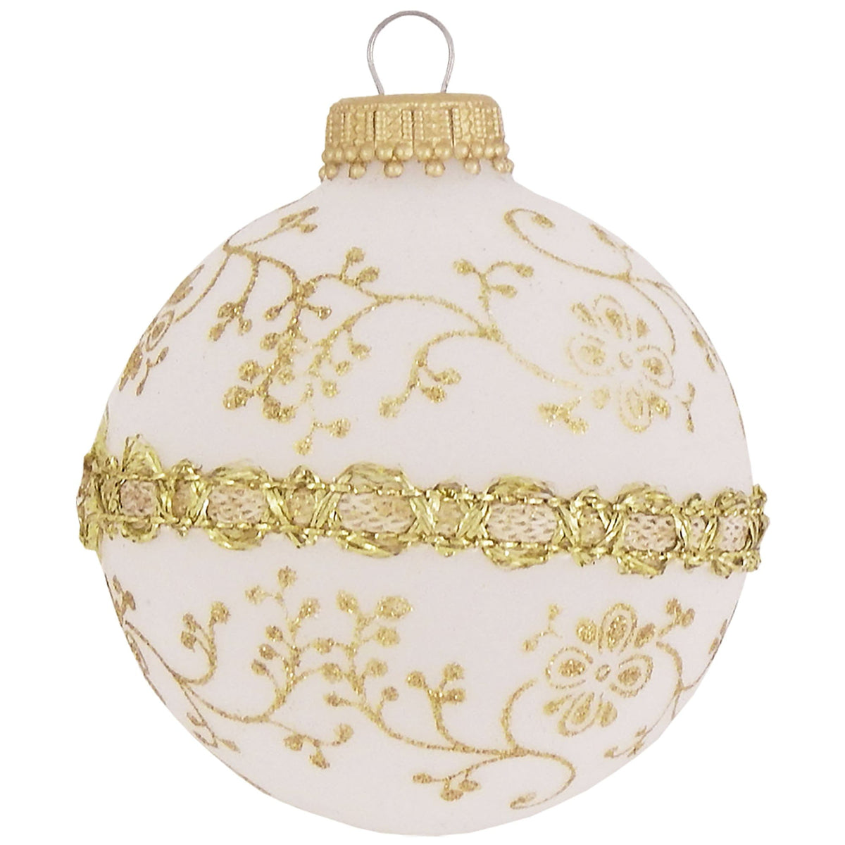 Frosted white glass Christmas ball ornament with gold glitter floral design and gold braid band