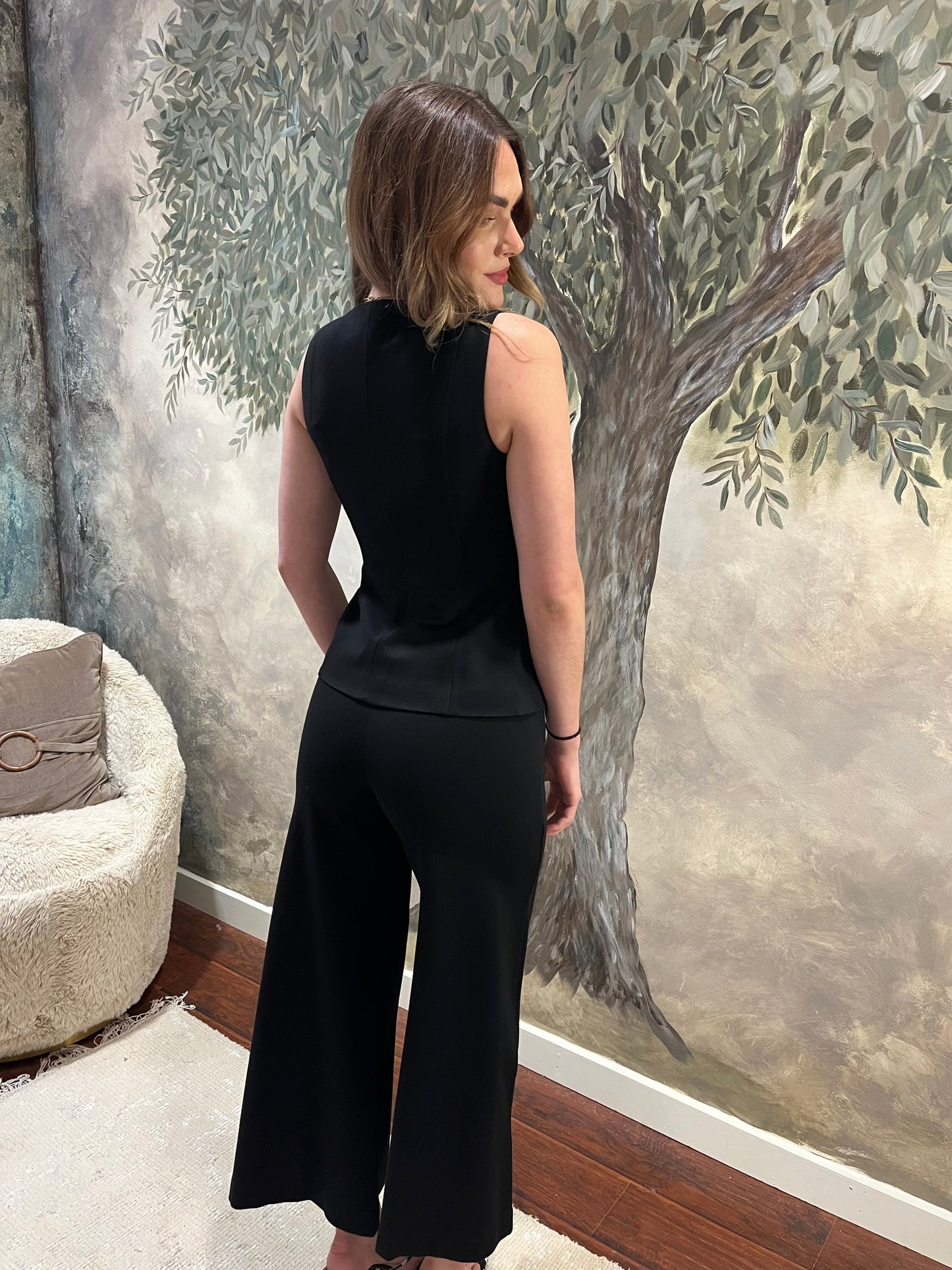 Black Ponte Flared Pintucked Pants