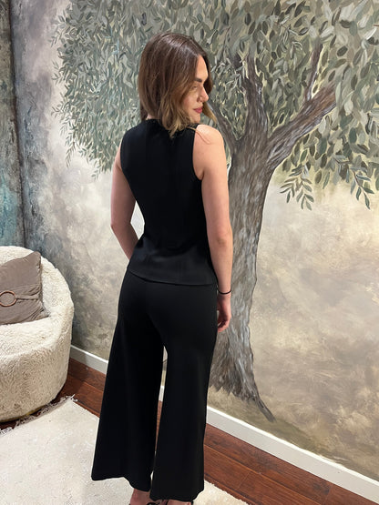Black Ponte Flared Pintucked Pants