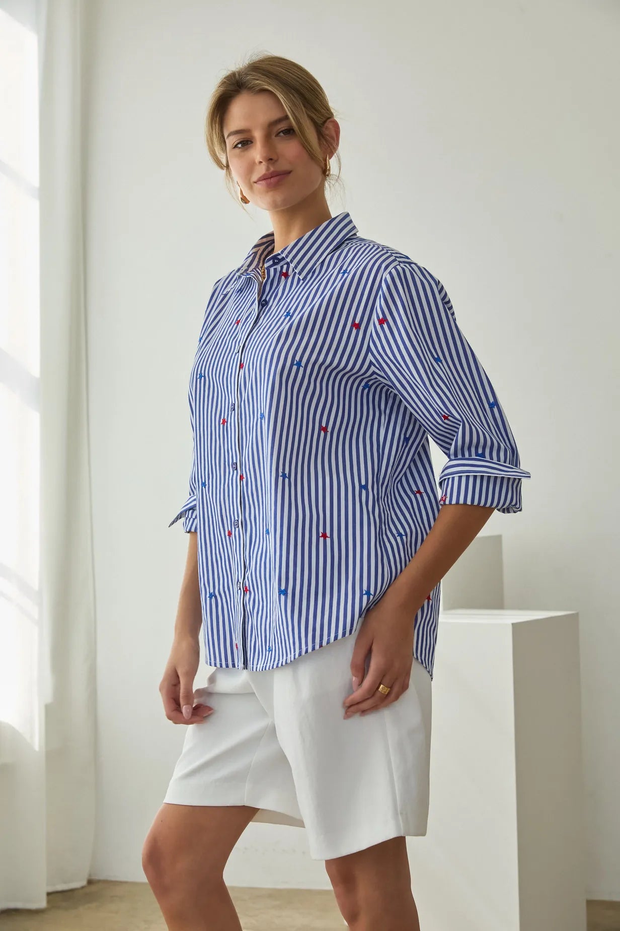 Star Embroidered Striped Button-Down Blouse