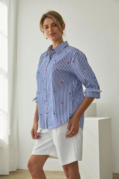 Star Embroidered Striped Button-Down Blouse