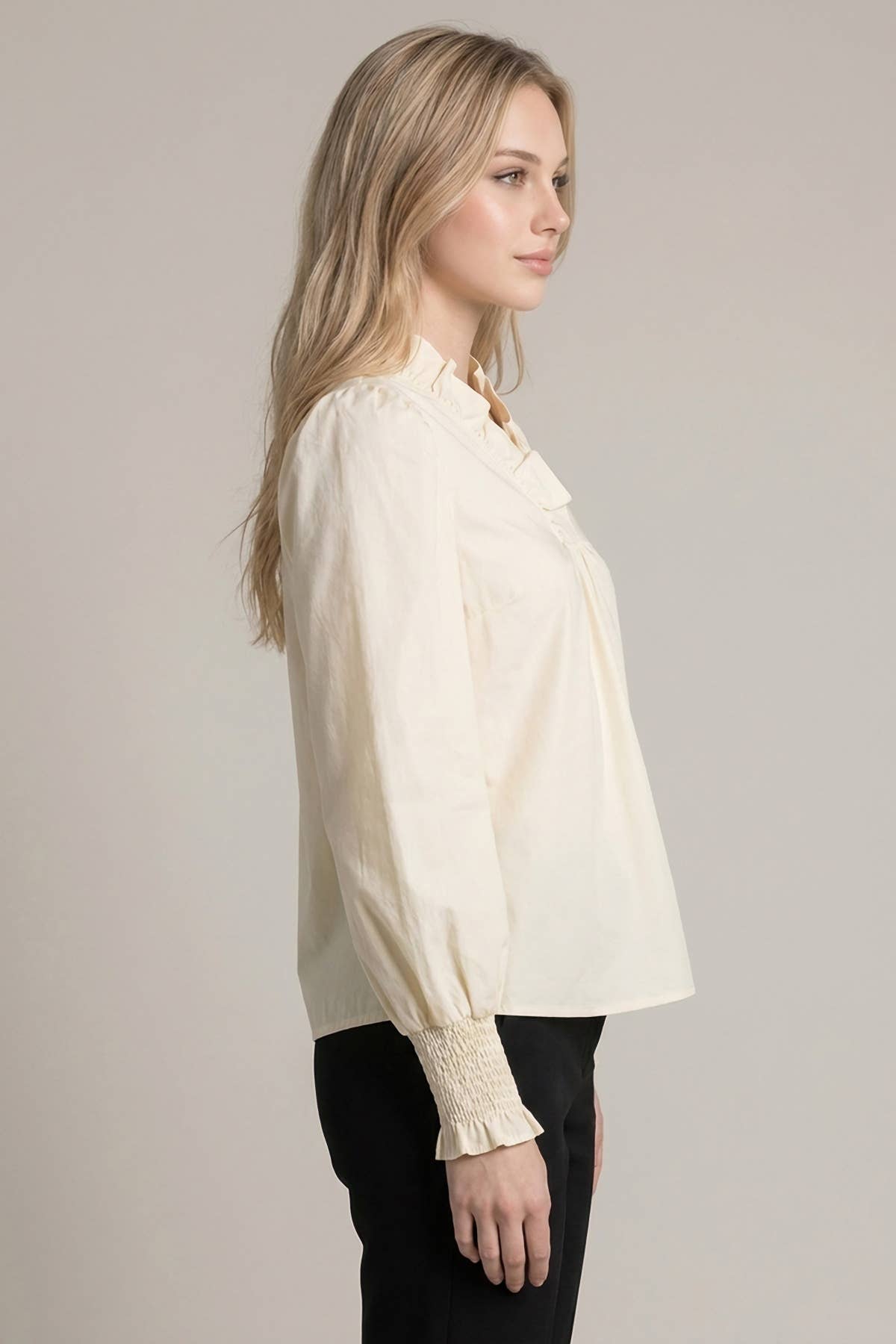 RUFFLE V NECK BLOUSE WITH SMOCKED CUFFS - 46491T