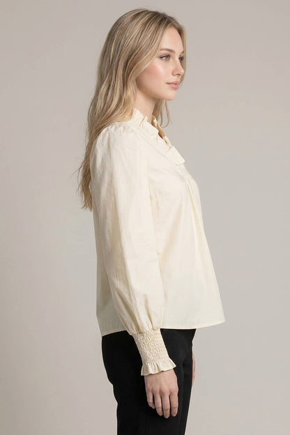 RUFFLE V NECK BLOUSE WITH SMOCKED CUFFS - 46491T