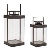 Black iron and glass lanterns in two sizes, square with handle tops