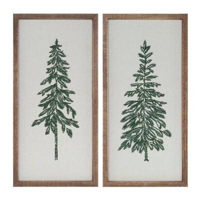Two framed embroidered evergreen tree art prints on linen in wood frames