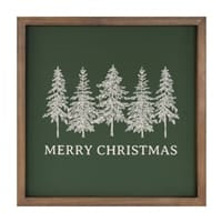 Green framed wall sign with white pine trees and Merry Christmas text