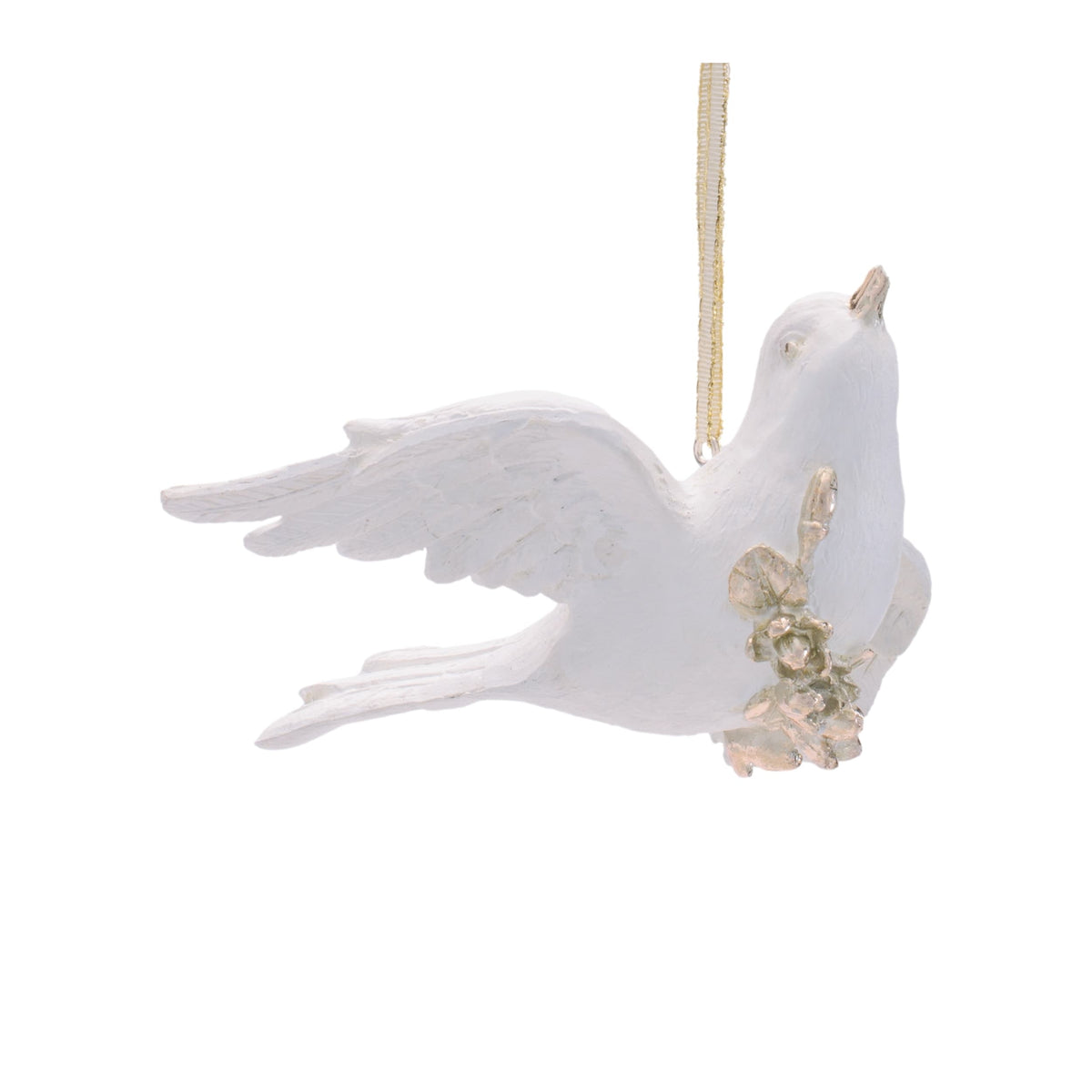White resin dove ornament with gold floral detail and gold ribbon hanger