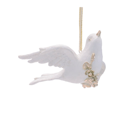 White resin dove ornament with gold floral detail and gold ribbon hanger