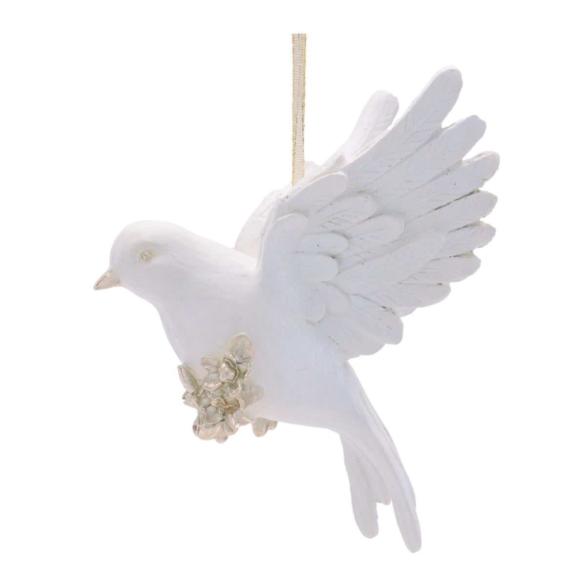 White resin dove ornament with spread wings and silver floral accent, gold ribbon hanger