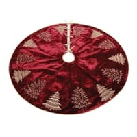 Melrose red velvet Christmas tree skirt with embroidered white tree pattern