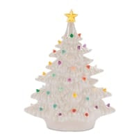11-inch white ceramic retro Christmas tree with multicolor LED lights and gold star topper
