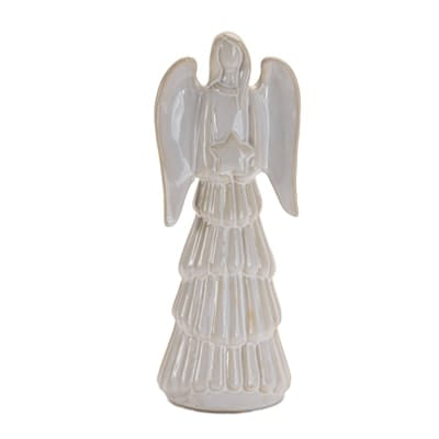 Melrose white glazed ceramic angel figurine holding star with tiered dress