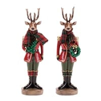 Set of 2 deer soldier figurines in red plaid jackets holding Christmas wreaths