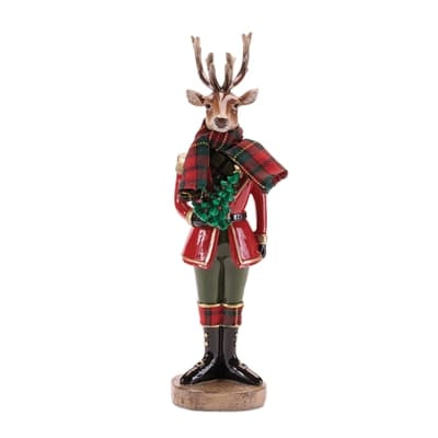 Melrose deer soldier figurine in red plaid jacket holding mini Christmas tree