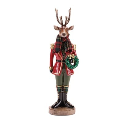 Melrose deer soldier figurine in red jacket, plaid scarf, holding Christmas wreath