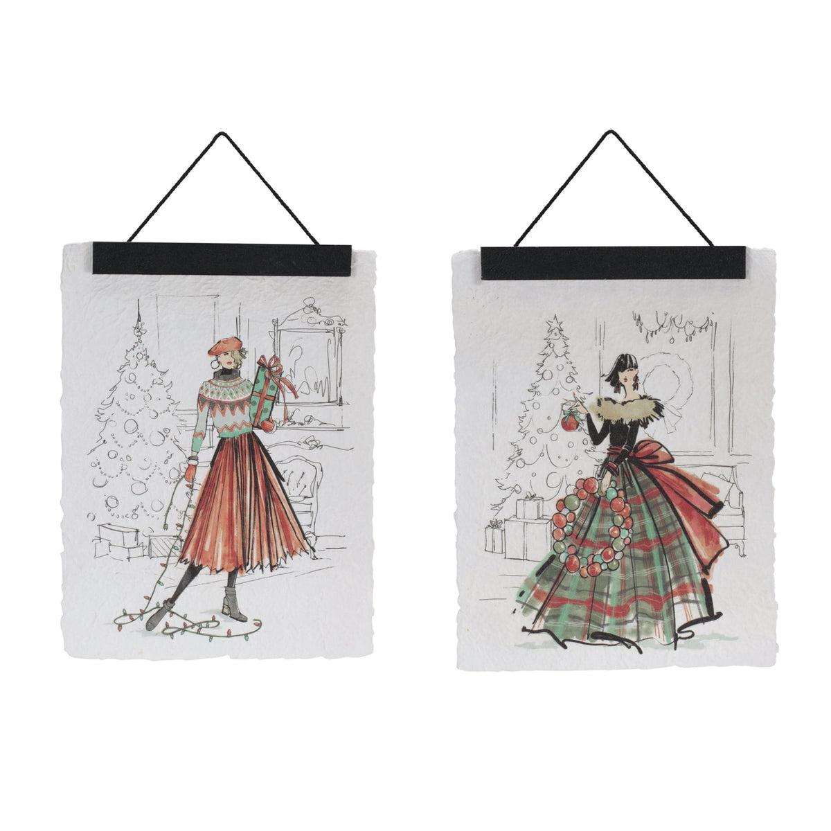Set of two hanging wall banners featuring festive fashion illustration artwork with Christmas themes