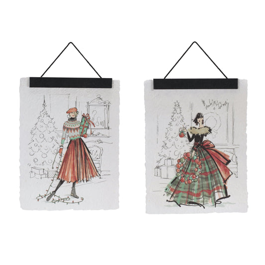 Set of two hanging wall banners featuring festive fashion illustration artwork with Christmas themes