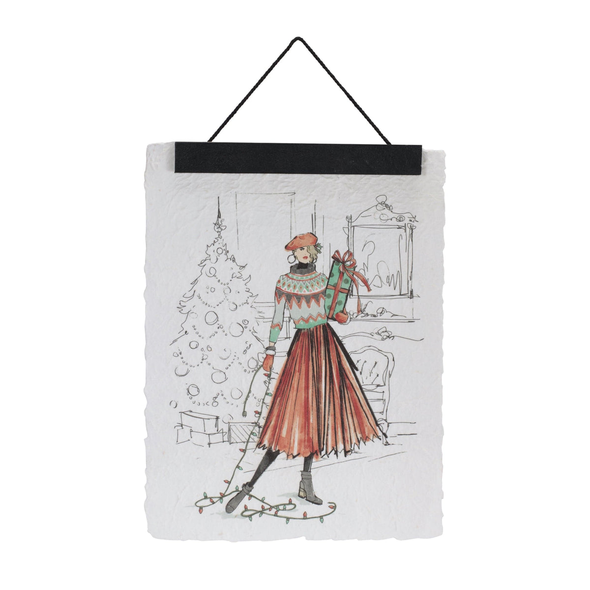 Hanging holiday banner featuring a fashion illustration of a woman with Christmas tree and gifts