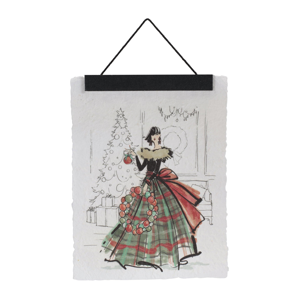 Hanging holiday banner featuring illustrated woman in plaid ballgown decorating a Christmas tree