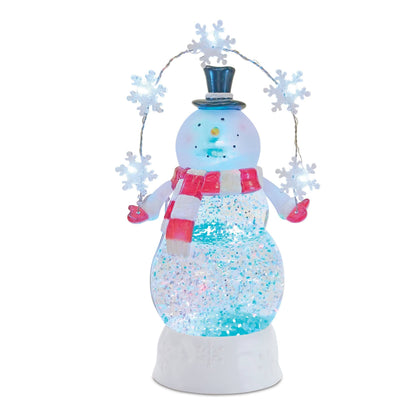 Glittery snowman snow globe with LED snowflake lights, red scarf, and black top hat
