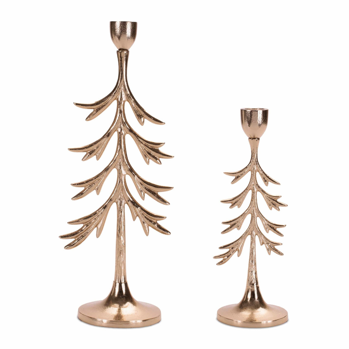Set of two gold aluminum Christmas tree candle holders in large and small sizes