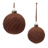 Melrose brown flocked glass ball ornaments with swirl texture, set of two