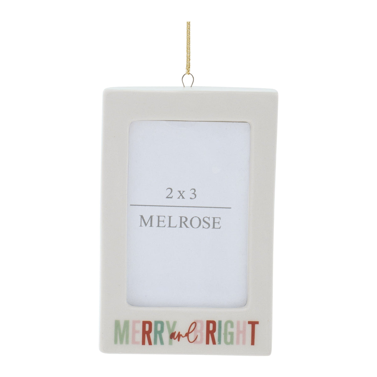 White rectangular photo frame ornament with gold hanging cord and 'Merry and Bright' text, front view