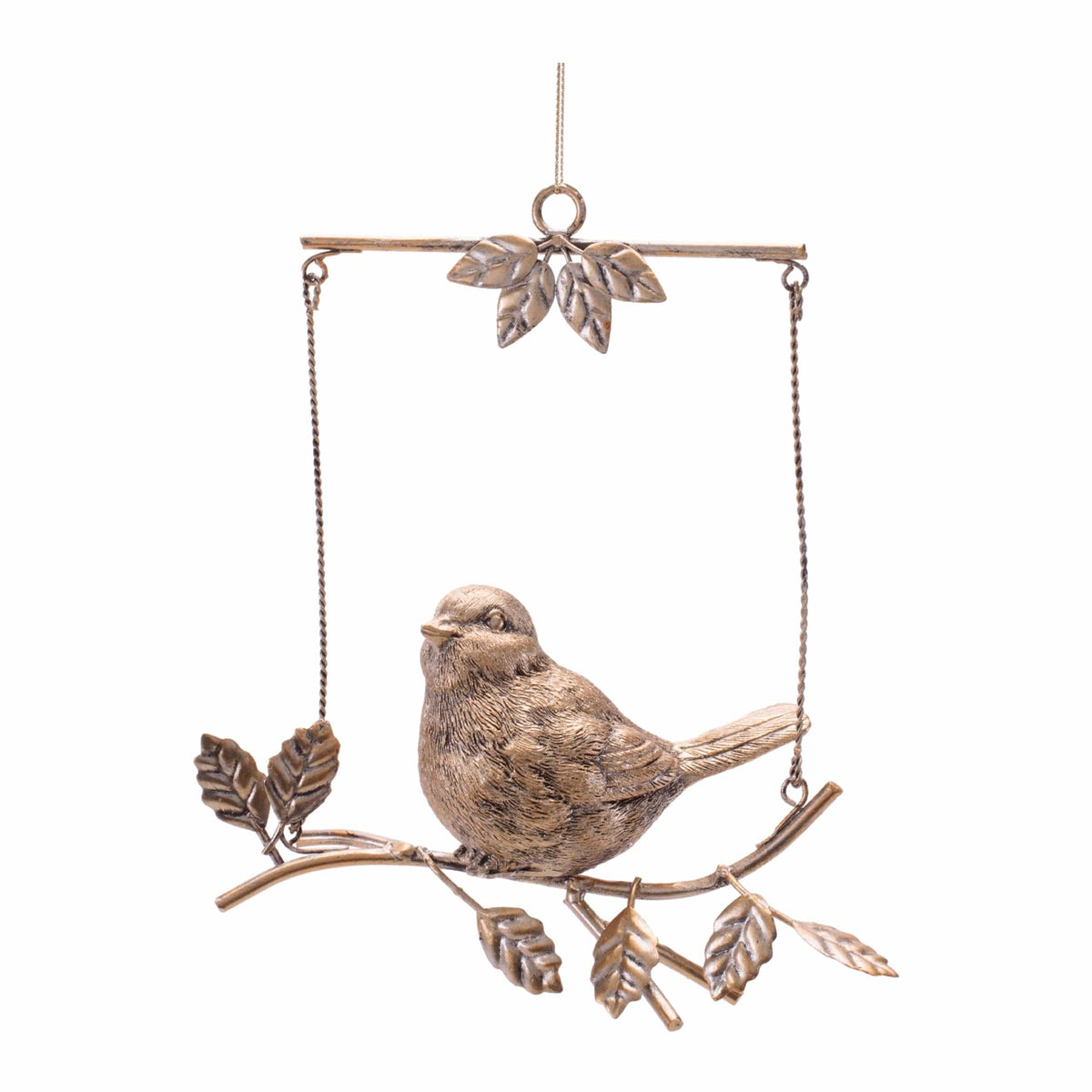 Gold metal bird figurine perched on a branch swing ornament with leaf details