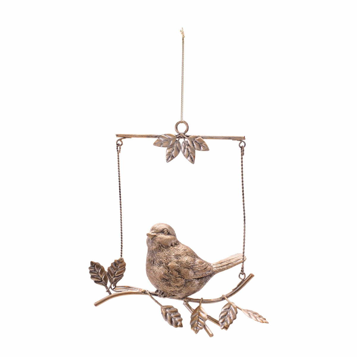Antique gold metal bird perched on decorative branch swing ornament with leaf details