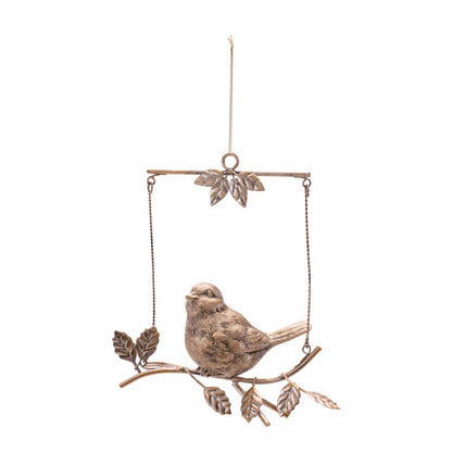 Antique gold metal bird perched on decorative branch swing ornament with leaf details