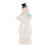 LED glitter snowman snow globe figurine with black top hat and blue snowflake