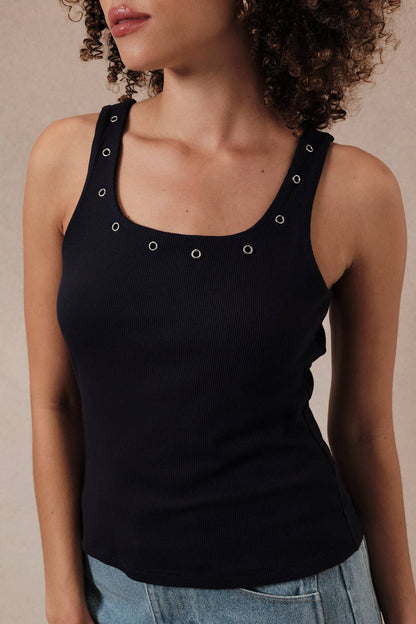 U- Neck Eyelet Ribbed Tank Top