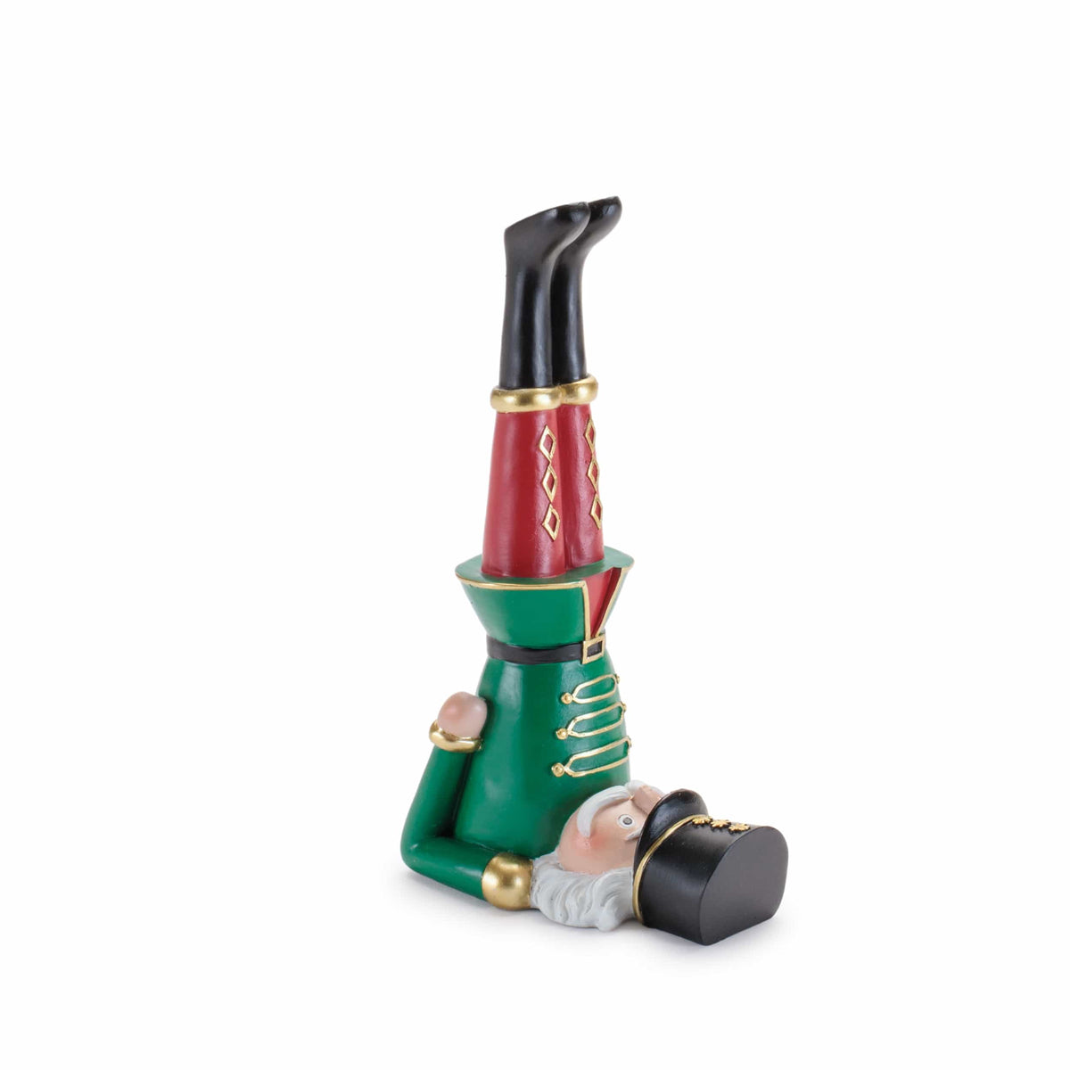 Nutcracker soldier figurine doing a headstand yoga pose, green uniform, gold accents