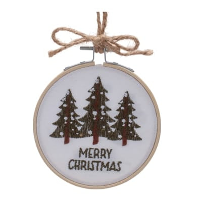 Embroidery hoop ornament with three brown Christmas trees and Merry Christmas text