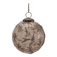 Melrose smoky glass ball ornament with embossed greenery and reindeer pattern