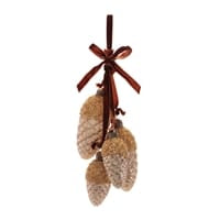 Glittery brown pine cone cluster glass ornament with burgundy ribbon bow