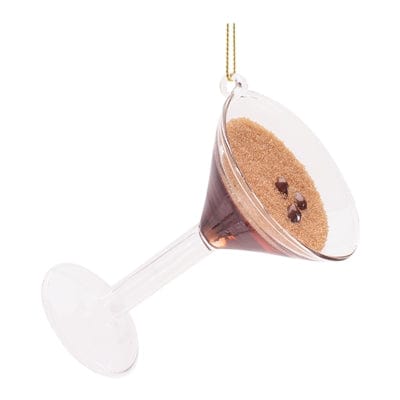 Glass chocolate martini cocktail Christmas ornament with gold hanging string, 4 inches tall