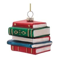 Glass Christmas ornament shaped like a stack of red, green, and blue books